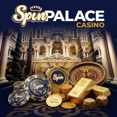 Spin Palace Casino: the palace entrance, Spin chips, roulette wheel and gold bars