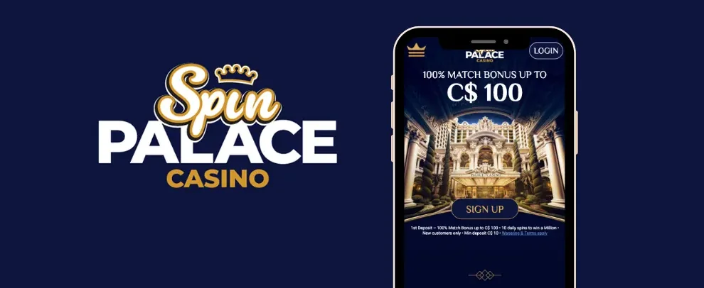 Spin Palace Casino on a smartphone: the C$100 welcome offer in the mobile lobby