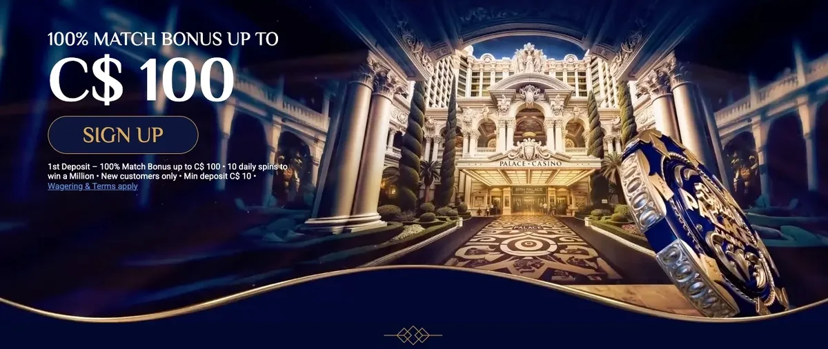 Spin Palace Casino welcome offer: 100% match bonus up to C$100 in front of the palace